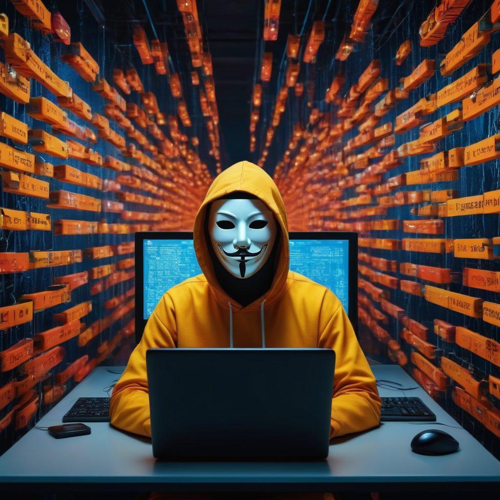 A digital landscape depicting a masked figure (representing anonymity) surrounded by floating locks and shields symbolizing online security. In the background, a computer screen displays warning signs and digital threats, indicating vulnerabilities. The scene emphasizes caution and safety in a vibrant cyber world. capture a sense of urgency and protection through bold colors and sharp contrasts. super-realistic. vibrant colors. 3D.