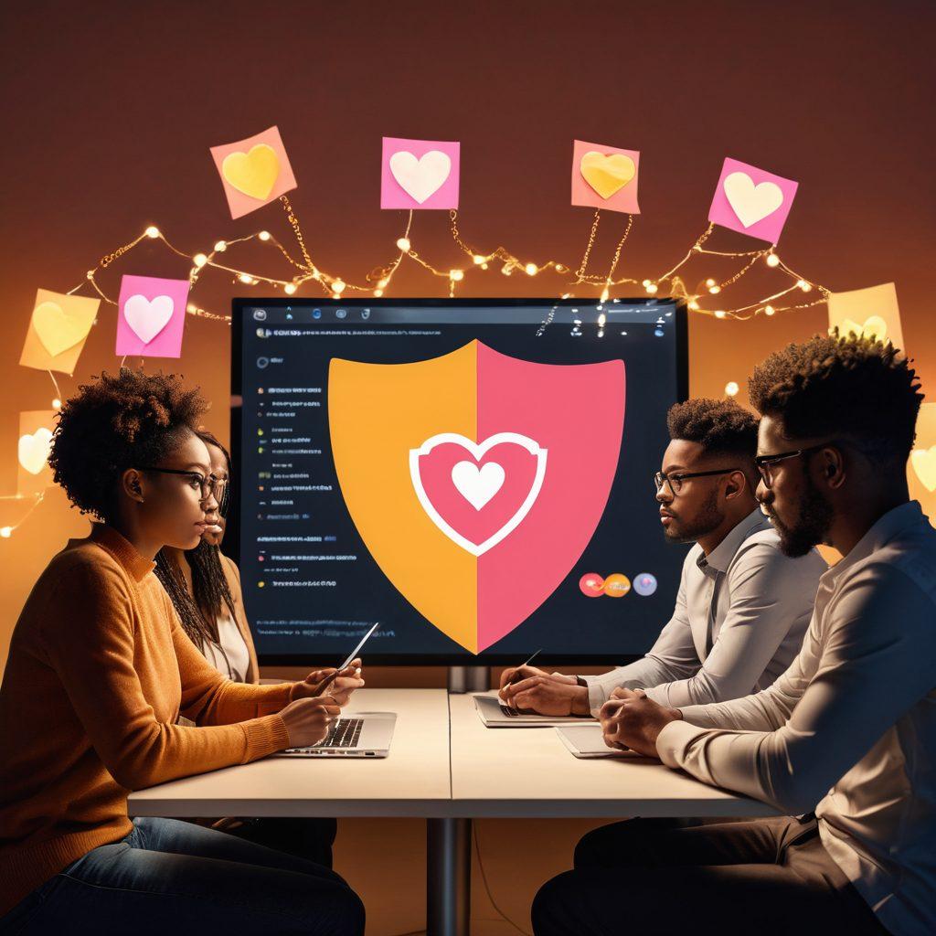 A diverse group of individuals sitting together, sharing their experiences while using digital devices, with a large screen in the background displaying a safe internet symbol and interconnected chains representing security. The atmosphere is warm and inviting, with soft lighting and colorful post-it notes scattered around to symbolize shared knowledge. Include elements like a shield and a heart to represent vulnerability awareness and empowerment. super-realistic. warm colors. soft focus.